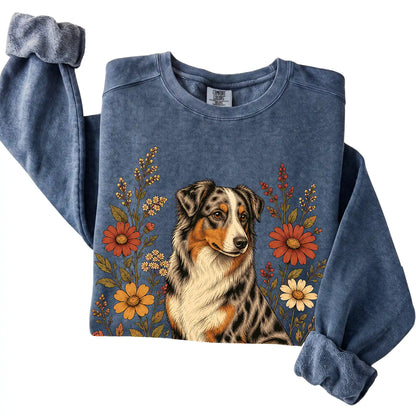 Denim Comfort Colors® sweatshirt with Australian Shepherd portrait and wildflowers, folded view