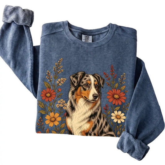 Denim Comfort Colors® sweatshirt with Australian Shepherd portrait and wildflowers, folded view