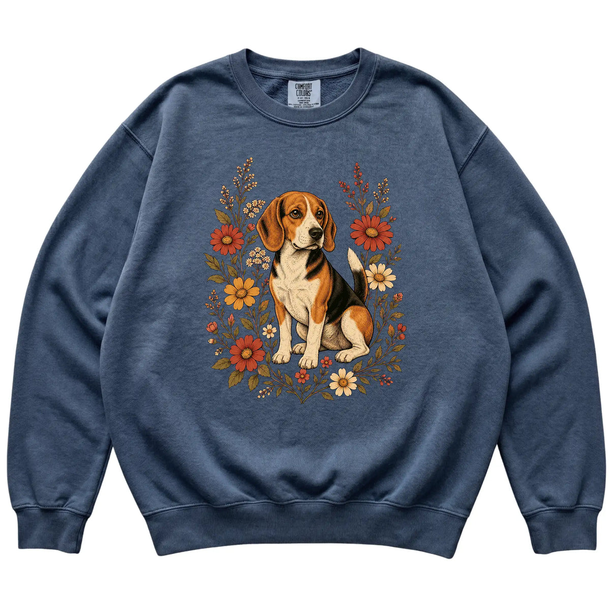Denim Comfort Colors® sweatshirt with Beagle portrait and wildflowers, flat lay