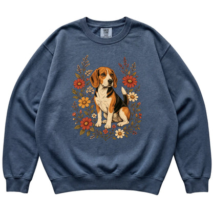 Denim Comfort Colors® sweatshirt with Beagle portrait and wildflowers, flat lay
