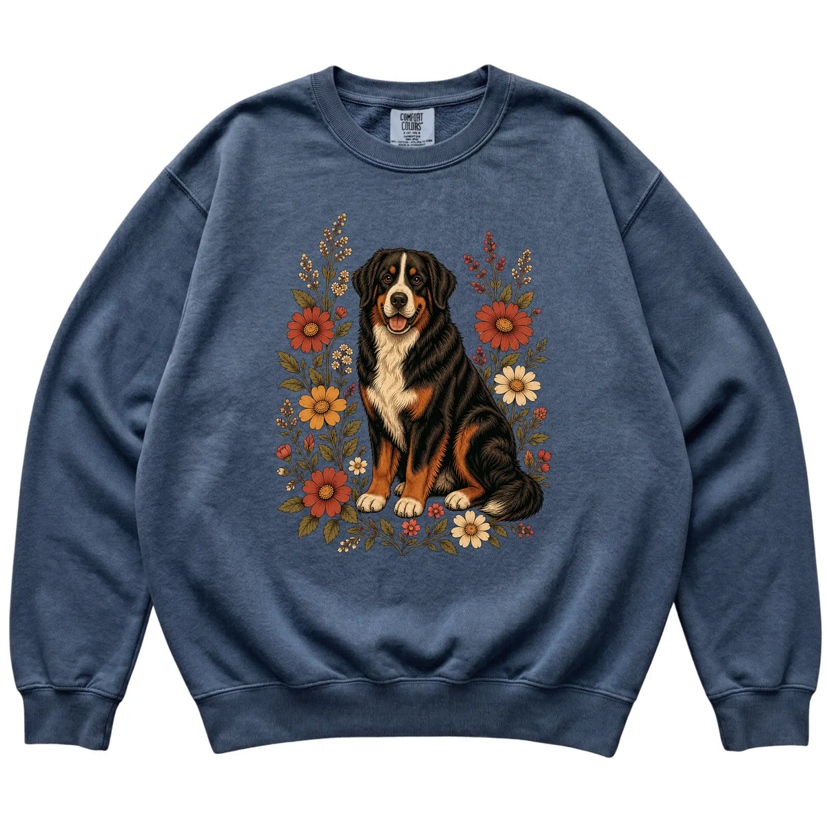 Denim Comfort Colors® sweatshirt with Bernese Mountain Dog portrait and wildflowers, flat lay