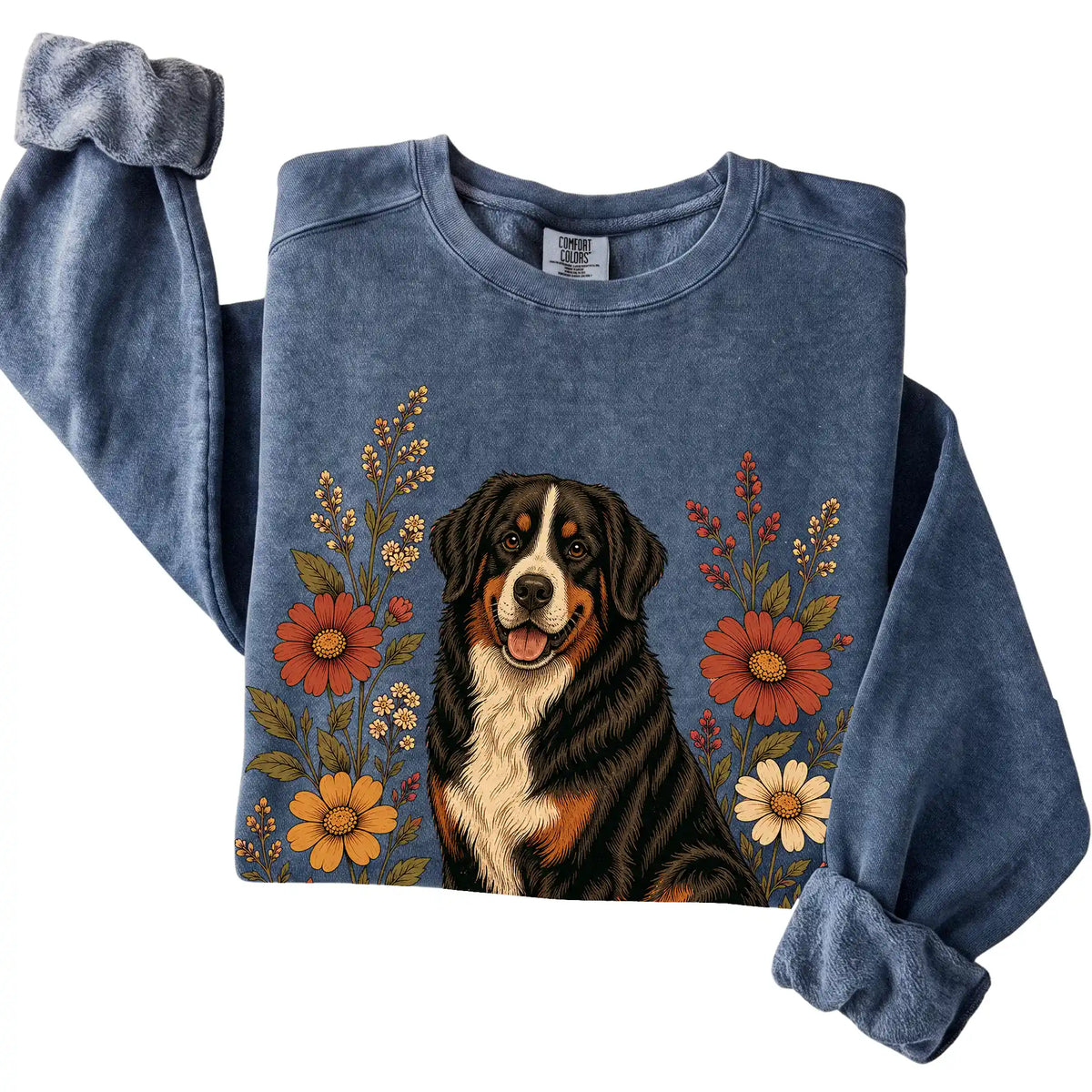 Denim Comfort Colors® sweatshirt with Bernese Mountain Dog portrait and wildflowers, folded view