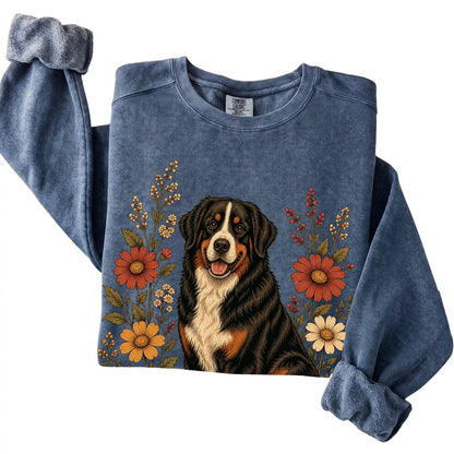 Denim Comfort Colors® sweatshirt with Bernese Mountain Dog portrait and wildflowers, folded view