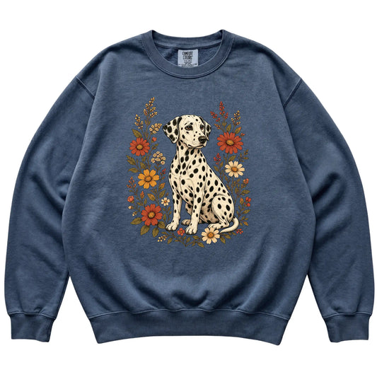Denim Comfort Colors® sweatshirt with Dalmatian portrait and wildflowers, flat lay