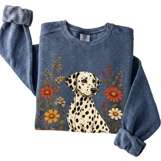 Denim Comfort Colors® sweatshirt with Dalmatian portrait and wildflowers, folded view