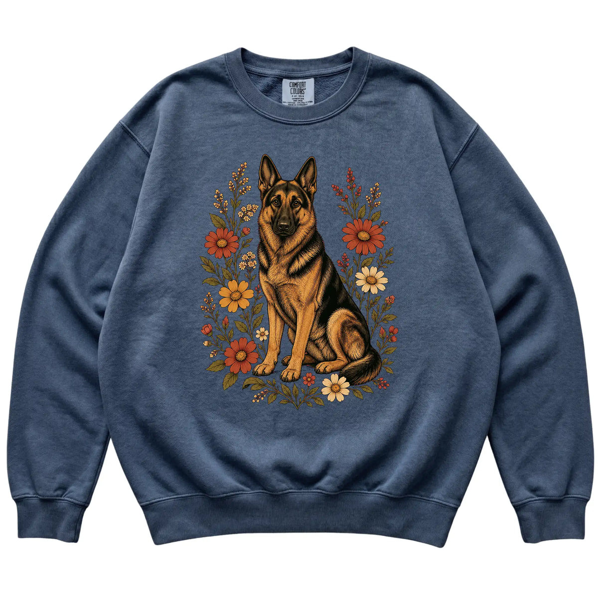 Denim Comfort Colors® sweatshirt with German Shepherd portrait and wildflowers, flat lay