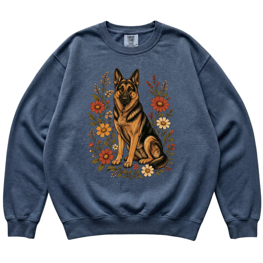 Denim Comfort Colors® sweatshirt with German Shepherd portrait and wildflowers, flat lay