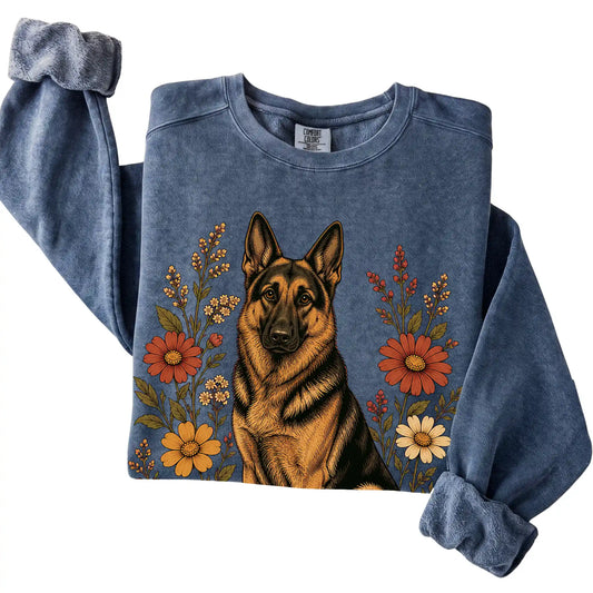 Denim Comfort Colors® sweatshirt with German Shepherd portrait and wildflowers, folded view