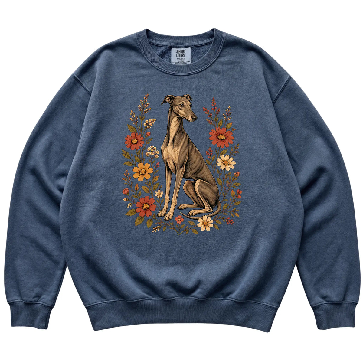 Denim Comfort Colors® sweatshirt with Greyhound portrait and wildflowers, flat lay