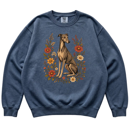 Denim Comfort Colors® sweatshirt with Greyhound portrait and wildflowers, flat lay