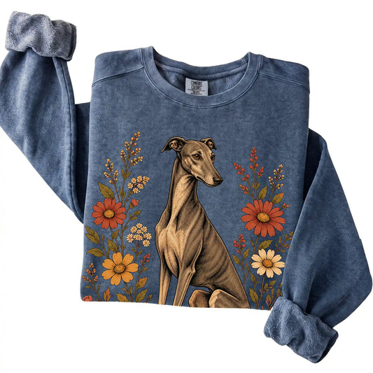 Denim Comfort Colors® sweatshirt with Greyhound portrait and wildflowers, folded view