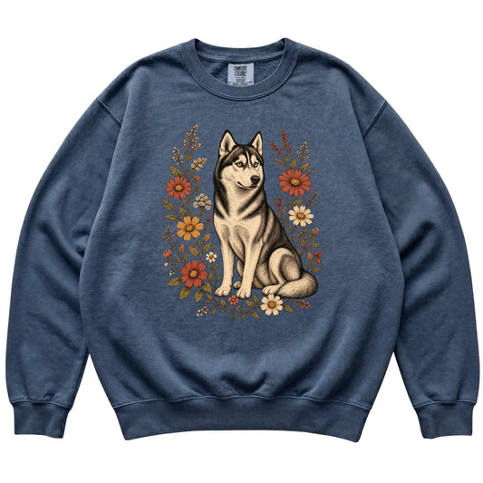 Denim Comfort Colors® sweatshirt with Husky portrait and wildflowers, flat lay