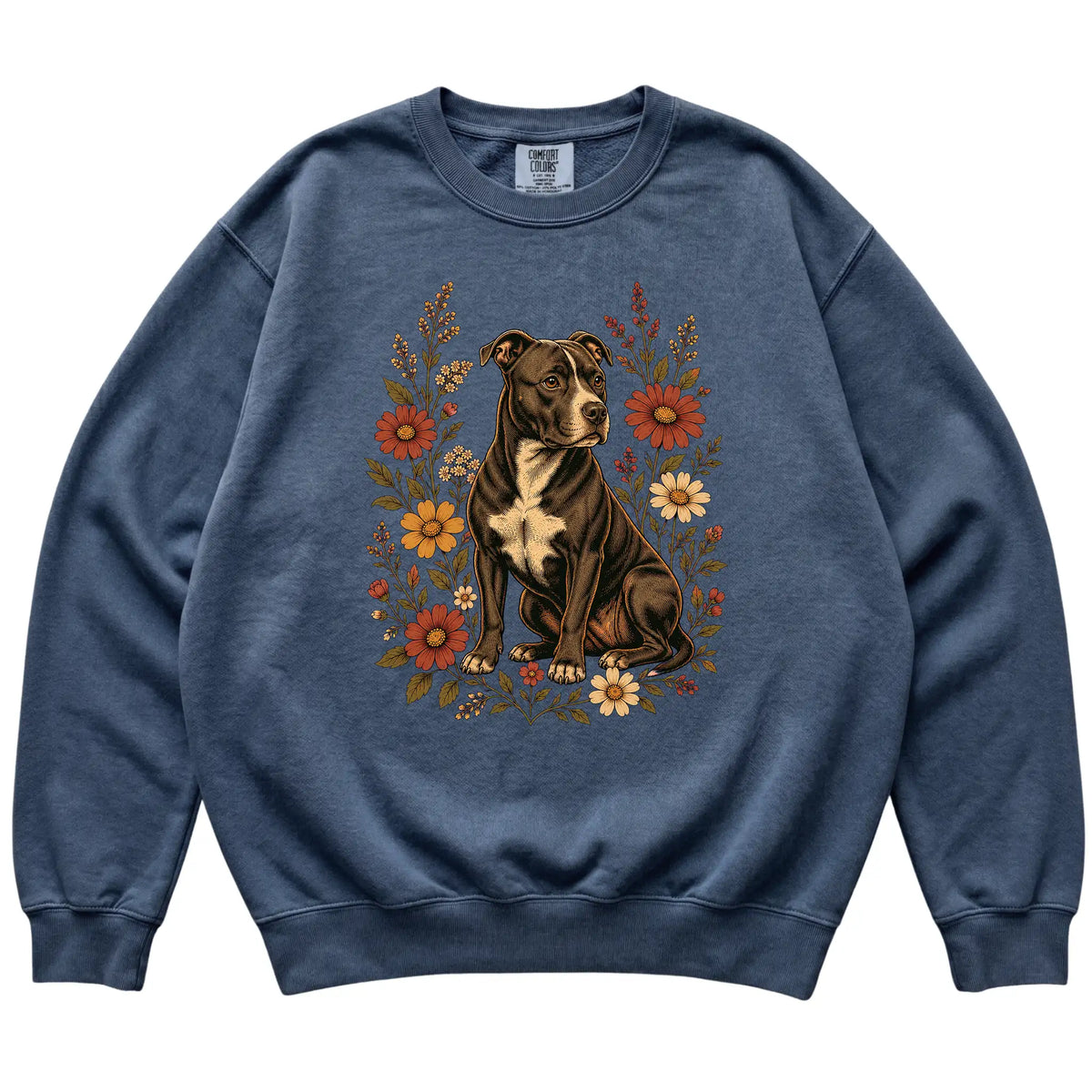 Denim Comfort Colors® sweatshirt with Pitbull portrait and wildflowers, flat lay