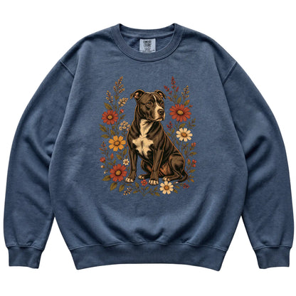 Denim Comfort Colors® sweatshirt with Pitbull portrait and wildflowers, flat lay