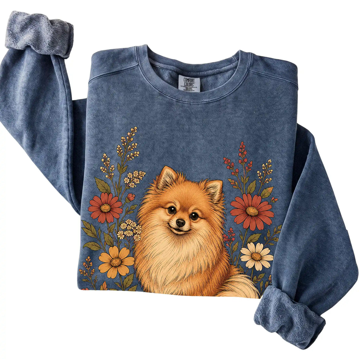 Denim Comfort Colors® sweatshirt with Pomeranian portrait and wildflowers, folded view