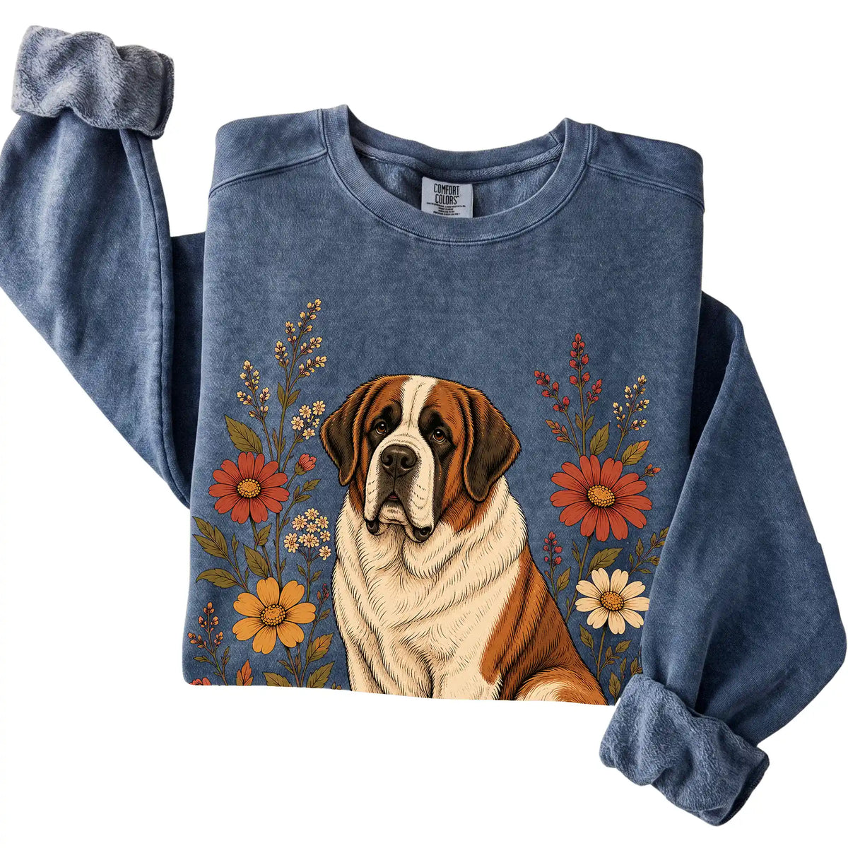 Denim Comfort Colors® sweatshirt with Saint Bernard portrait and wildflowers, folded view