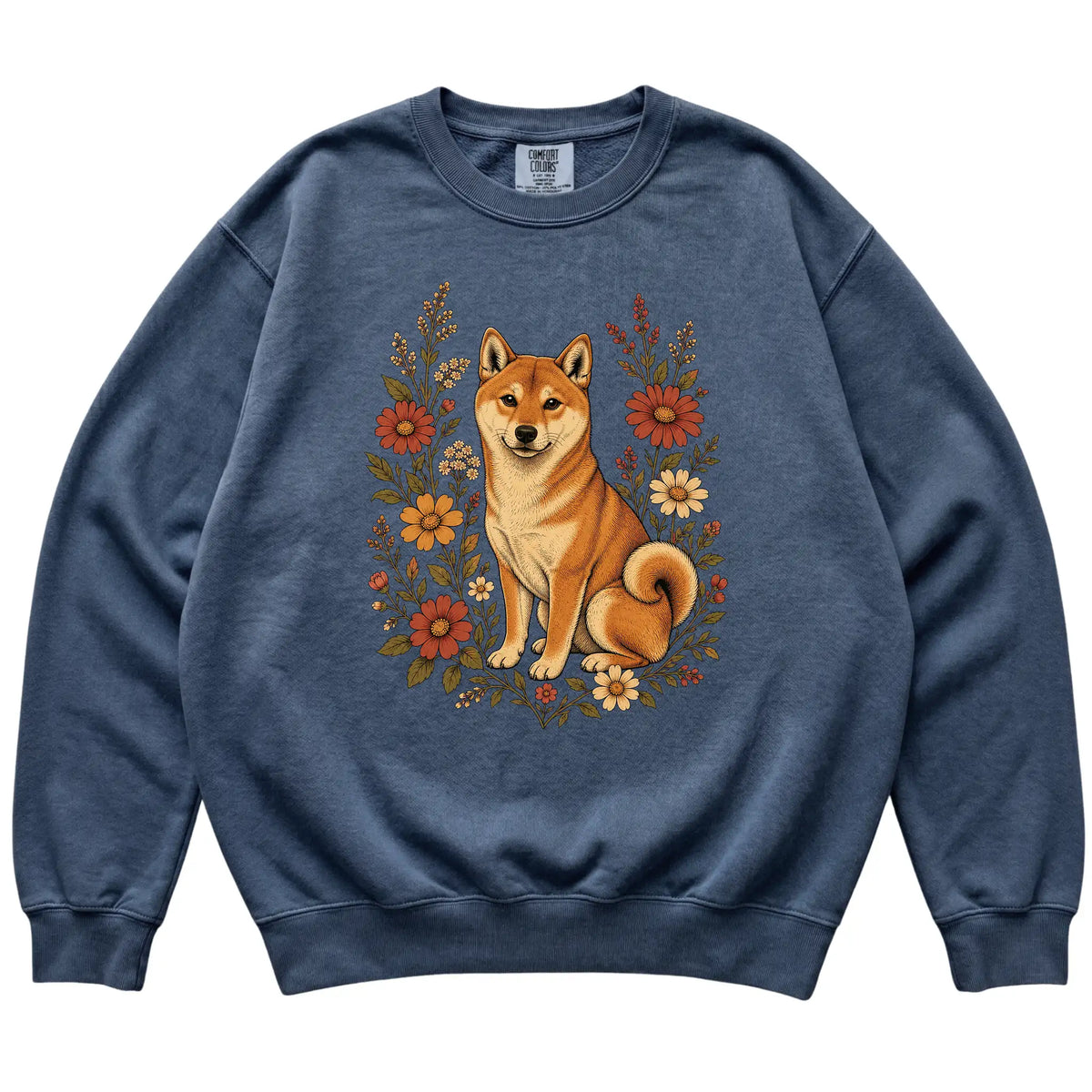 Denim Comfort Colors® sweatshirt with Shiba Inu portrait and wildflowers, flat lay
