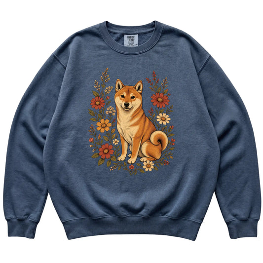 Denim Comfort Colors® sweatshirt with Shiba Inu portrait and wildflowers, flat lay