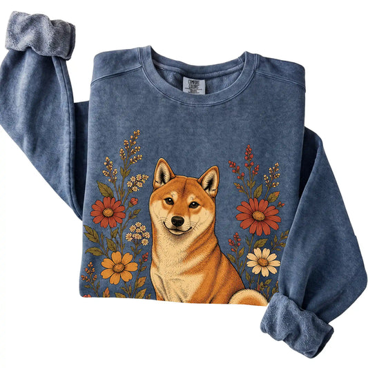 Denim Comfort Colors® sweatshirt with Shiba Inu portrait and wildflowers, folded view