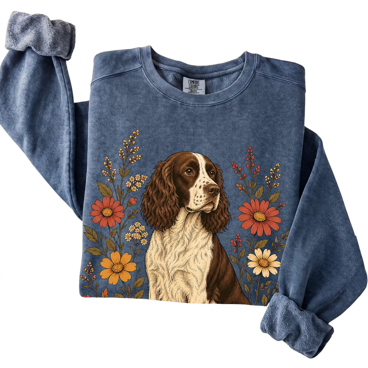 Denim Comfort Colors® sweatshirt with Springer Spaniel portrait and wildflowers, folded view