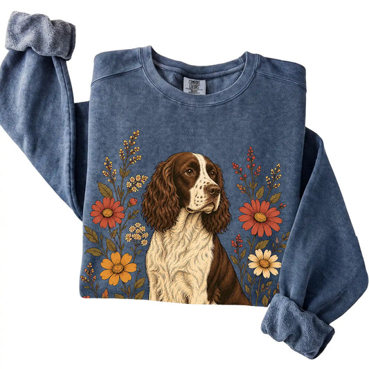 Denim Comfort Colors® sweatshirt with Springer Spaniel portrait and wildflowers, folded view