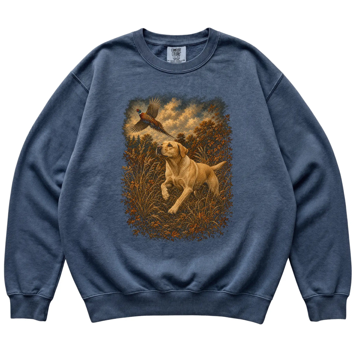 Yellow Lab Pheasant Hunting Sweatshirt in Denim