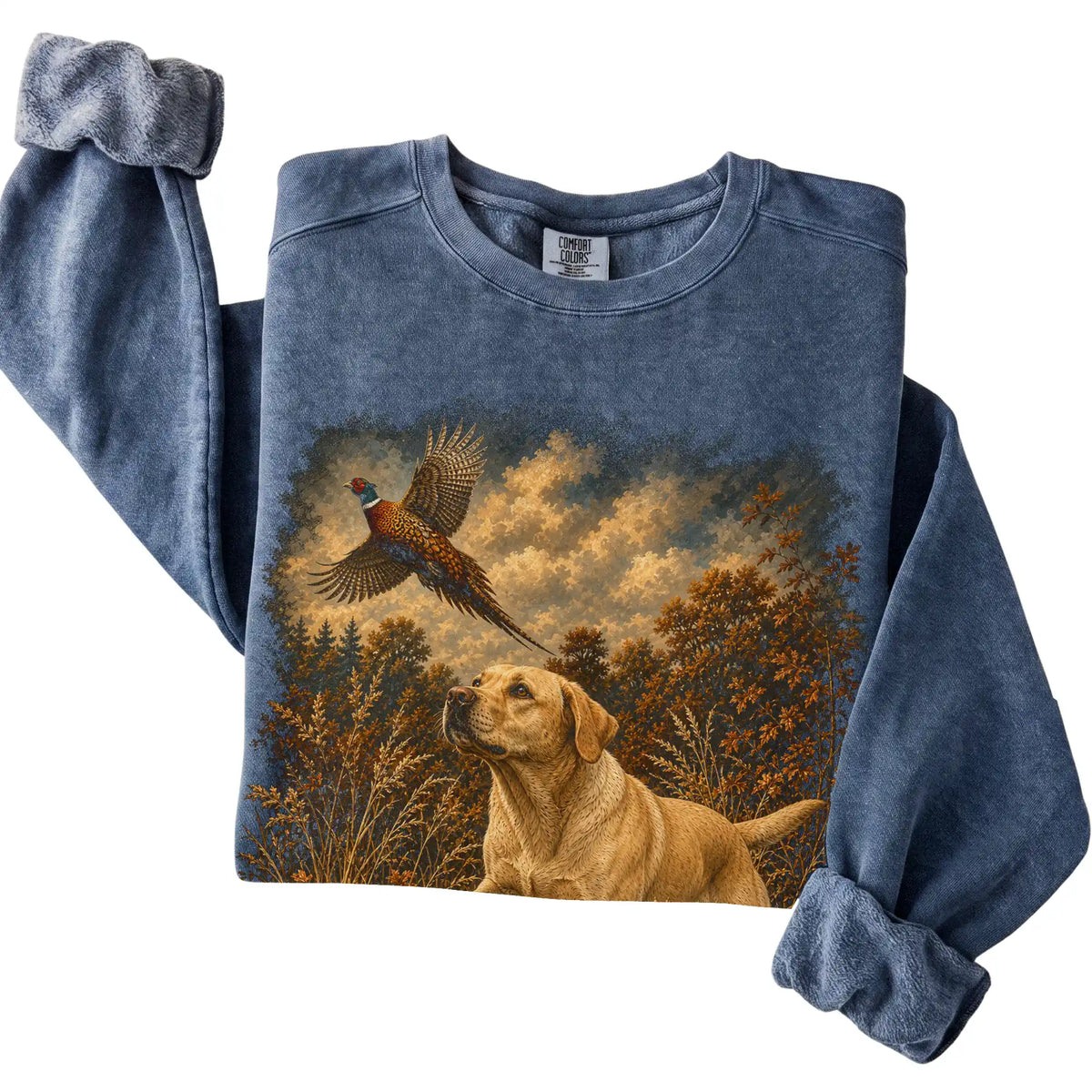 Yellow Lab Pheasant Hunting Sweatshirt in Denim