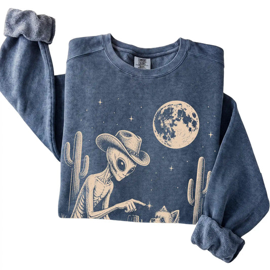 Denim Comfort Colors® sweatshirt featuring Yorkie Cowboy and Alien, folded presentation