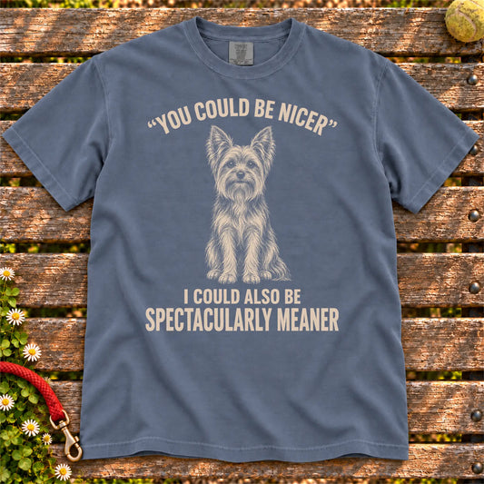 Yorkie Guard Dog design on a Denim Comfort Colors T-shirt, shown flat