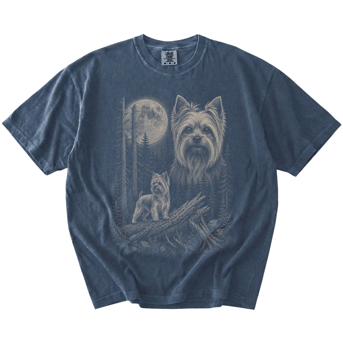 Denim Yorkie Moonlit Forest T-Shirt laid flat