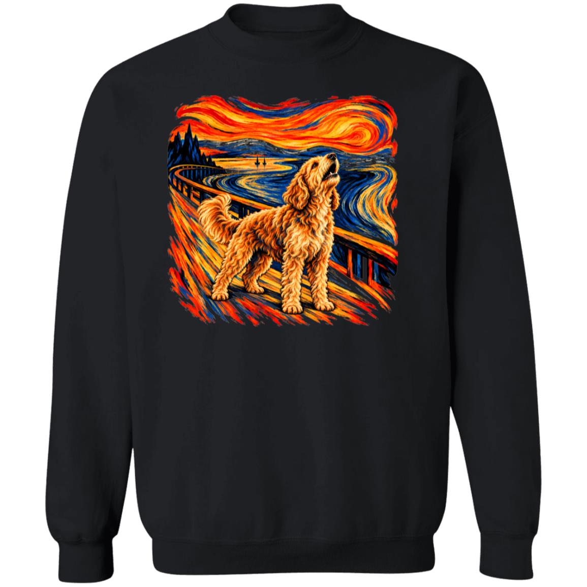 Black Gildan® Heavy Blend sweatshirt with The Howl Goldendoodle dog design