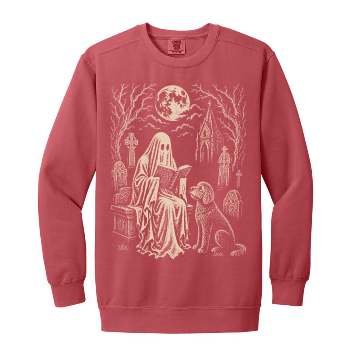 Goldendoodle Ghost Reading sweatshirt in Crimson