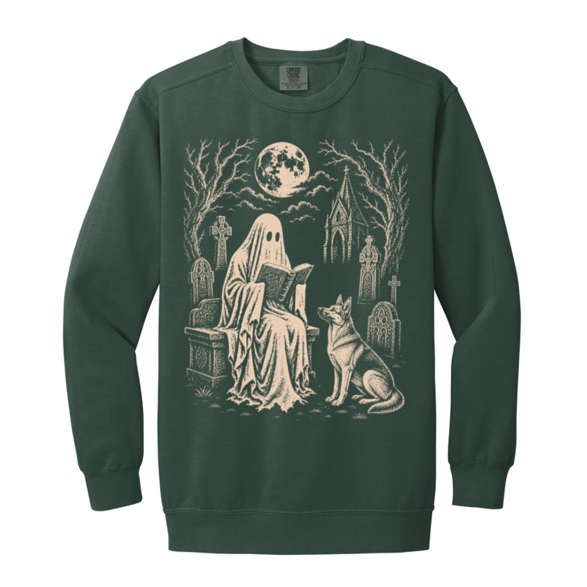German Shepherd Ghost Reading sweatshirt in Blue Spruce