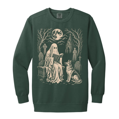 German Shepherd Ghost Reading sweatshirt in Blue Spruce