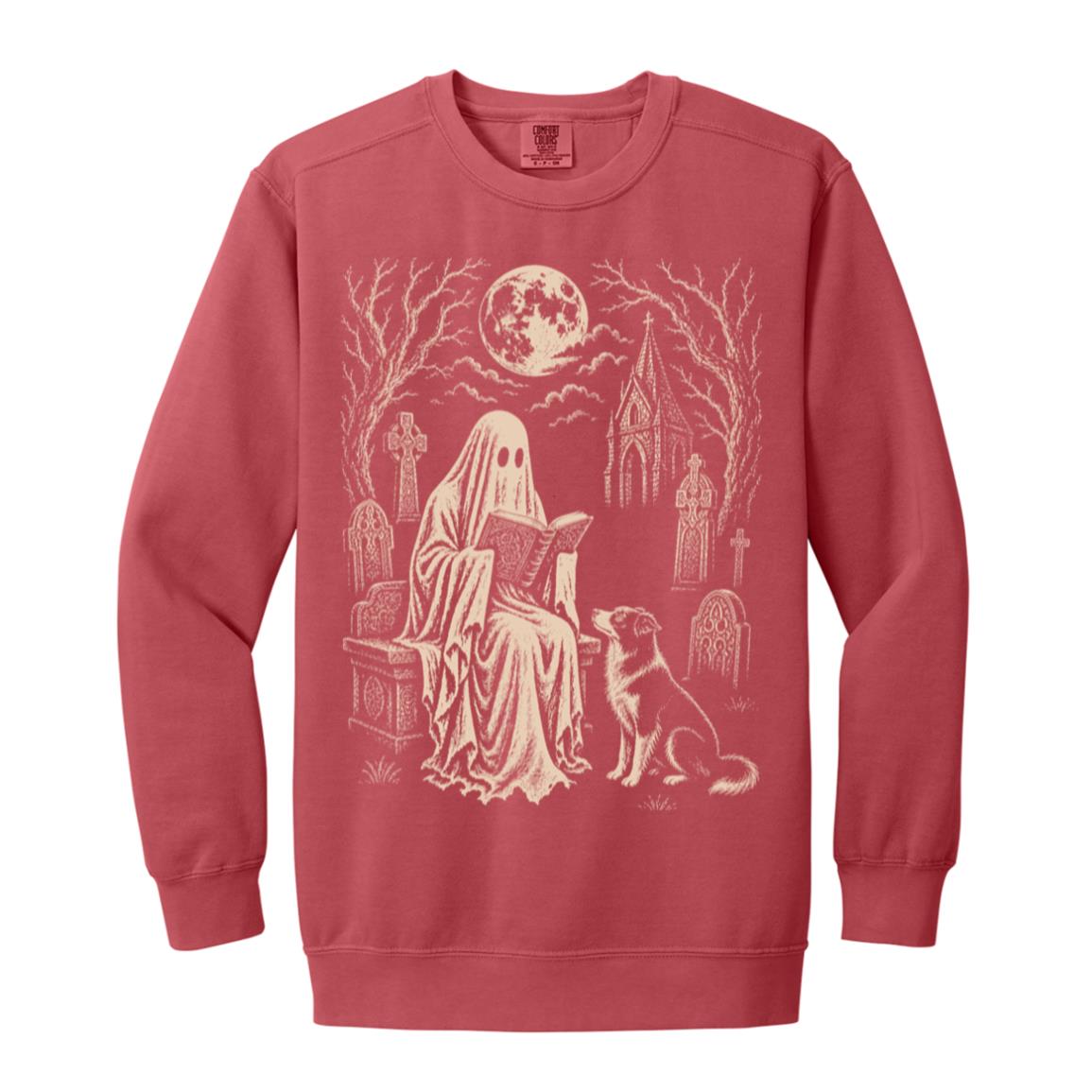 Border Collie Ghost Reading sweatshirt in Crimson