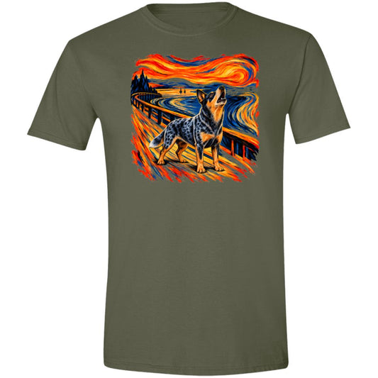Military Green Gildan® Softstyle T-shirt with The Howl Blue Heeler dog design