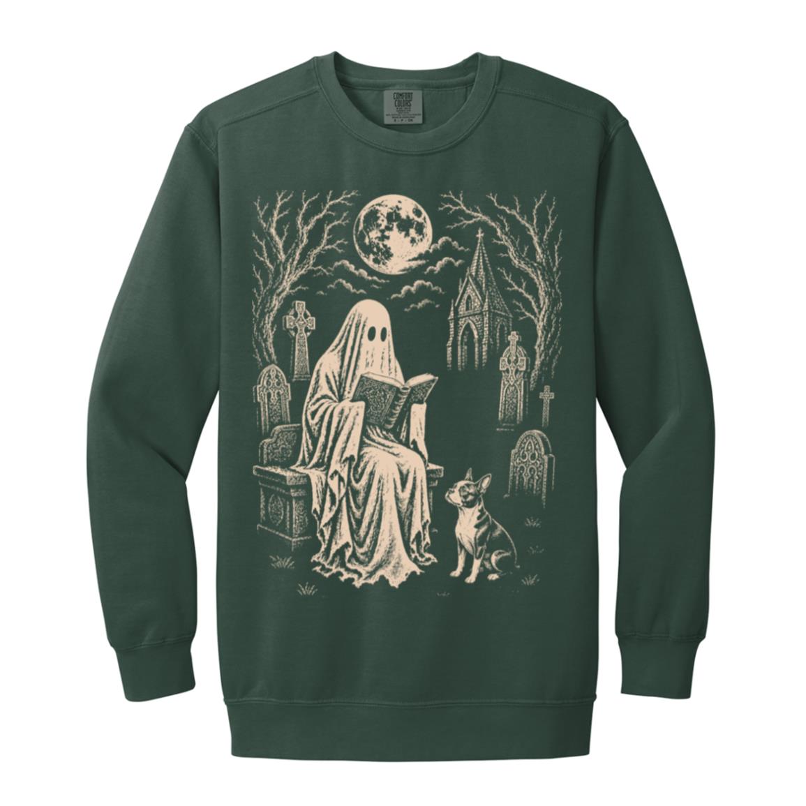 Boston Terrier Ghost Reading sweatshirt in Blue Spruce