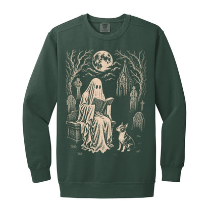 Boston Terrier Ghost Reading sweatshirt in Blue Spruce