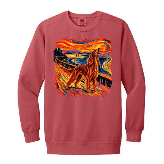 Crimson Comfort Colors® sweatshirt with The Howl Irish Setter dog design