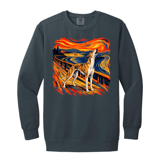 Denim Comfort Colors® sweatshirt with The Howl Whippet dog design