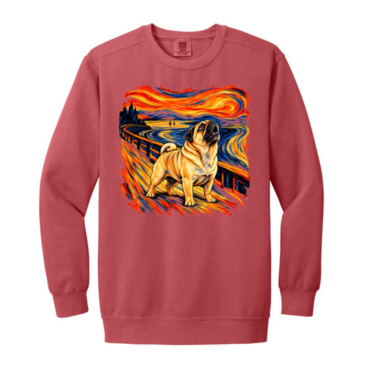 Crimson Comfort Colors® sweatshirt with The Howl Pug dog design