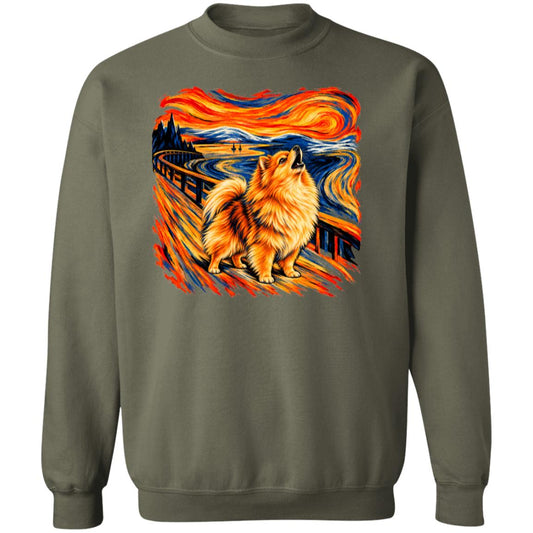 Military Green Gildan® Heavy Blend sweatshirt with The Howl Pomeranian dog design