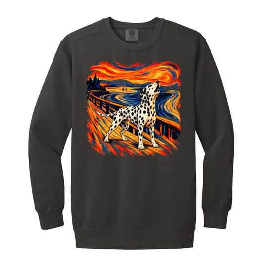 Pepper Comfort Colors® sweatshirt with The Howl Dalmatian dog design