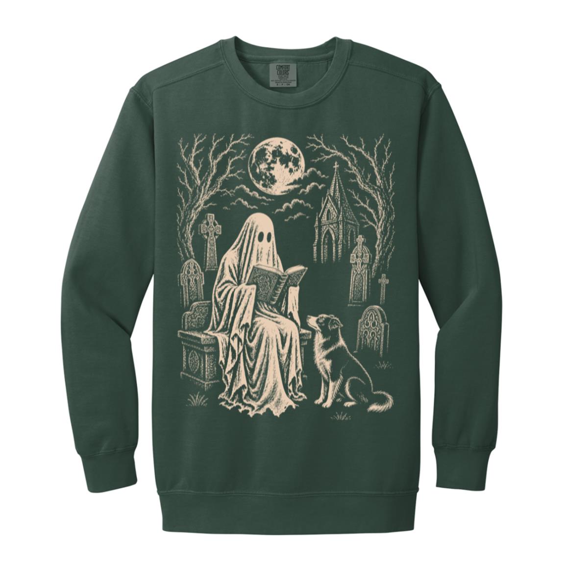 Border Collie Ghost Reading sweatshirt in Blue Spruce