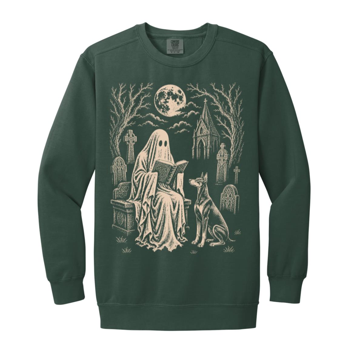 Doberman Ghost Reading sweatshirt in Blue Spruce