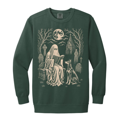 Doberman Ghost Reading sweatshirt in Blue Spruce