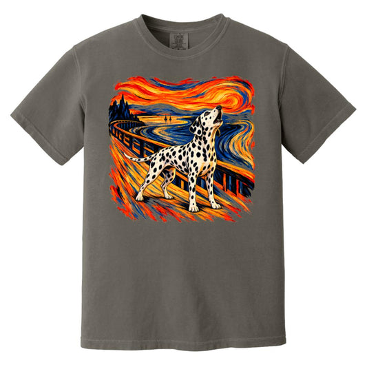 Pepper Comfort Colors® T-shirt with The Howl Dalmatian dog design