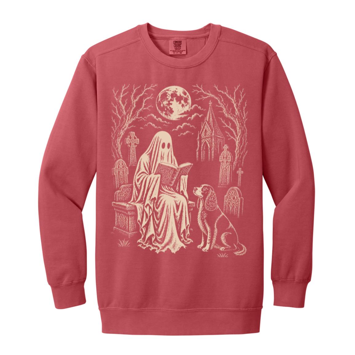 Springer Spaniel Ghost Reading sweatshirt in Crimson