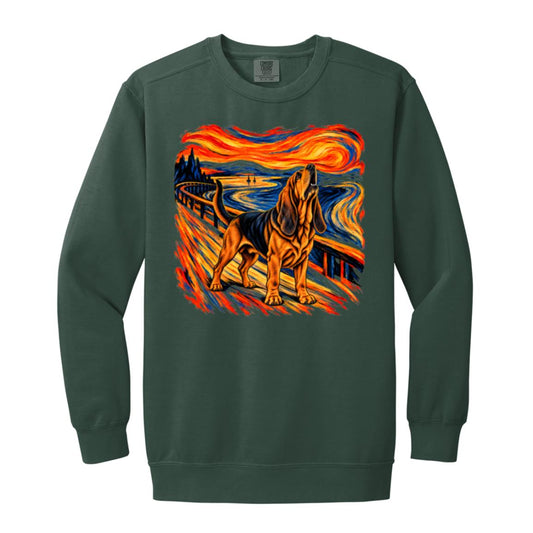 Blue Spruce Comfort Colors® sweatshirt with The Howl Bloodhound dog design
