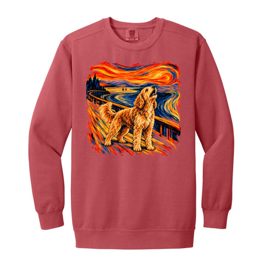 Crimson Comfort Colors® sweatshirt with The Howl Goldendoodle dog design